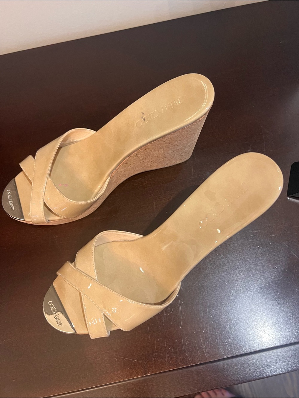 Jimmy Choo Nude Patent Leather Crisscross Slide Mules - Picture 3 of 5